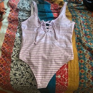 Ribbed, lavender striped one piece Aerie swimsuit.